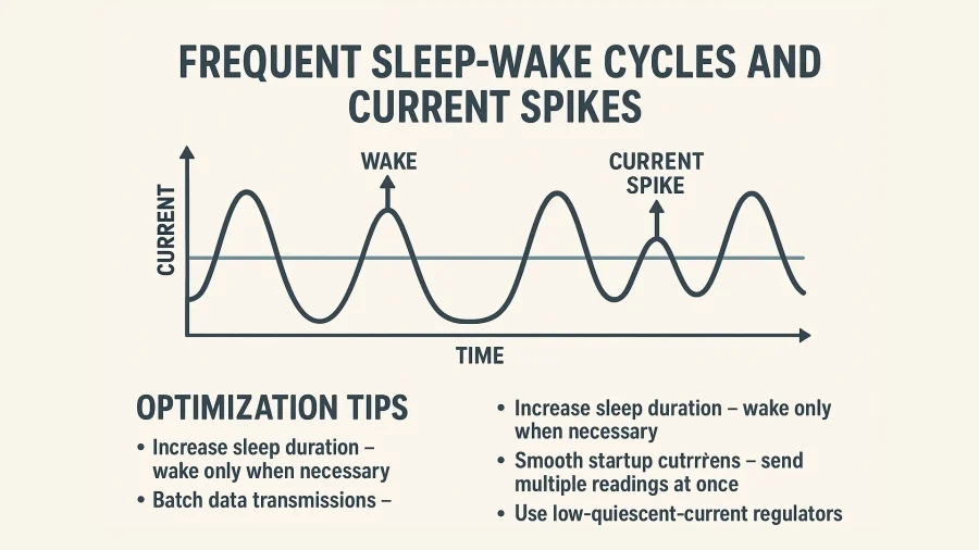 Frequent Sleep-Wake Cycles and Current Spikes on IoT battery life