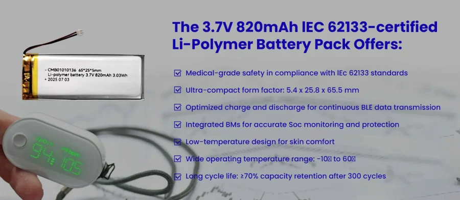 3.7V 820mAh  3.7V 820mAh IEC 62133-certified Li-Polymer battery pack for multi-parameter IoMT patch