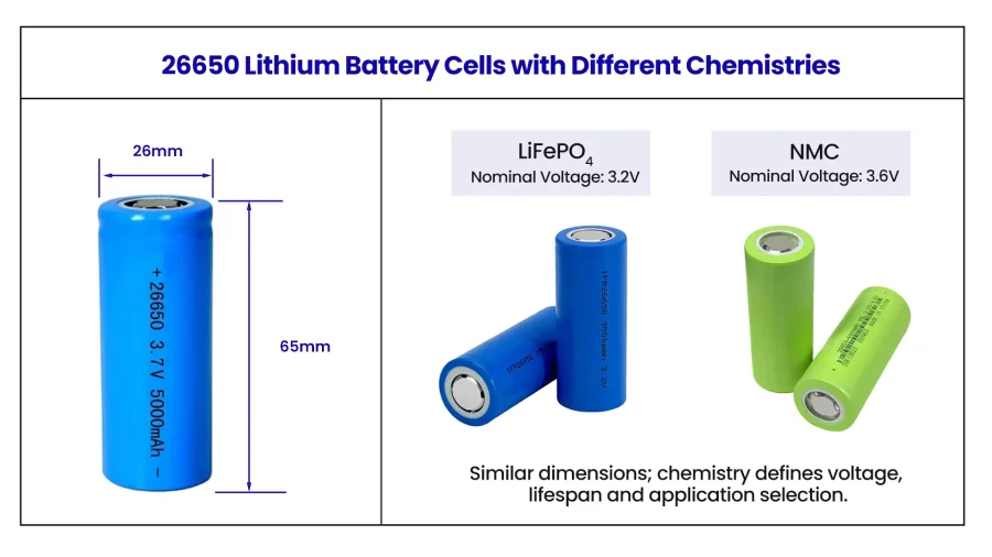 26650 battery dimensions and LiFePO4 3.2 V versus NMC 3.6 V nominal voltage comparison