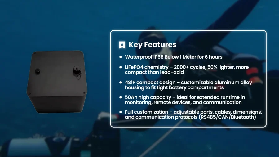 50Ah IP68 LiFePO4 battery in a customizable aluminum enclosure for outdoor monitoring and communication equipment
