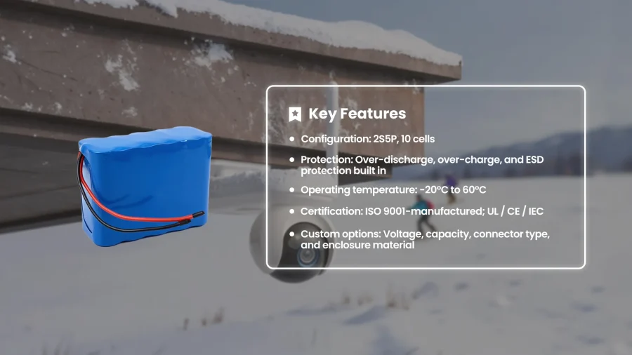 6.4V 16Ah 2S5P low-temperature 26650 LiFePO4 battery pack for an outdoor security camera