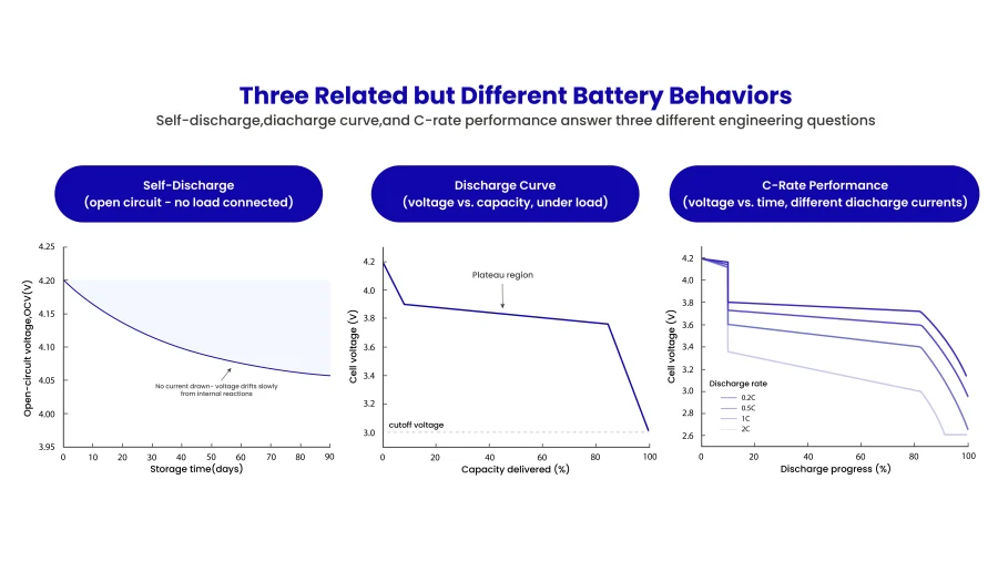 Lithium-ion battery resting on a shelf, slowly losing charge (self-discharge) over time