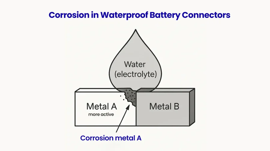 Galvanic corrosion at a waterproof battery connector contact interface in a saltwater environment
