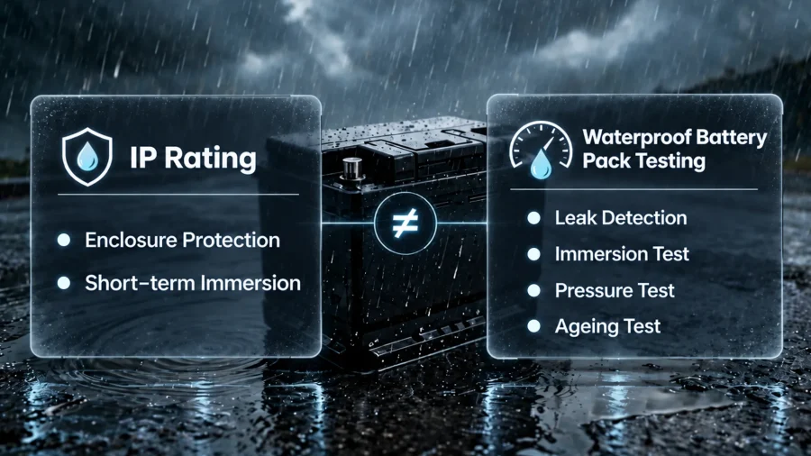 Diagram showing that an IP rating is not equivalent to waterproof battery pack testing, including leak, immersion, pressure and ageing tests