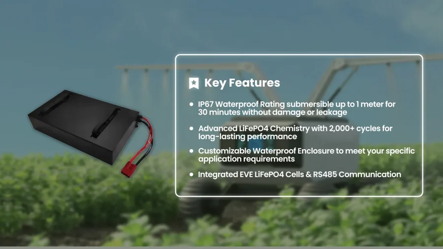 IP67 LiFePO4 battery with a customizable waterproof enclosure and RS485 communication for agricultural robotics