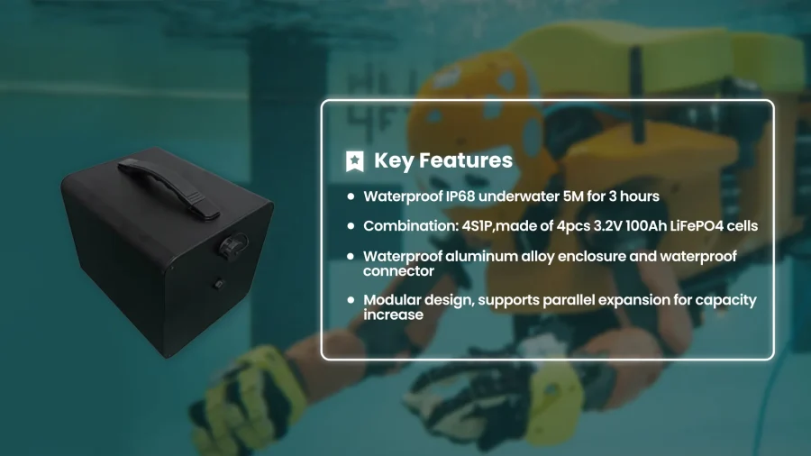 IP68 LiFePO4 battery in a waterproof aluminum enclosure with a waterproof connector for subsea applications