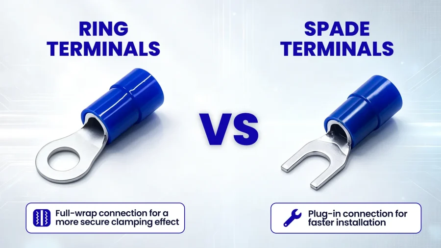 Ring terminal versus spade terminal on a waterproof battery disconnect switch: full-circle grip vs slide-on blade contact.