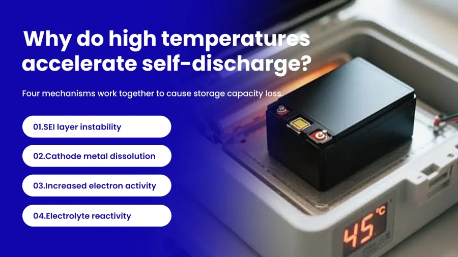 SEI instability, cathode dissolution, increased electron activity, electrolyte reactivity