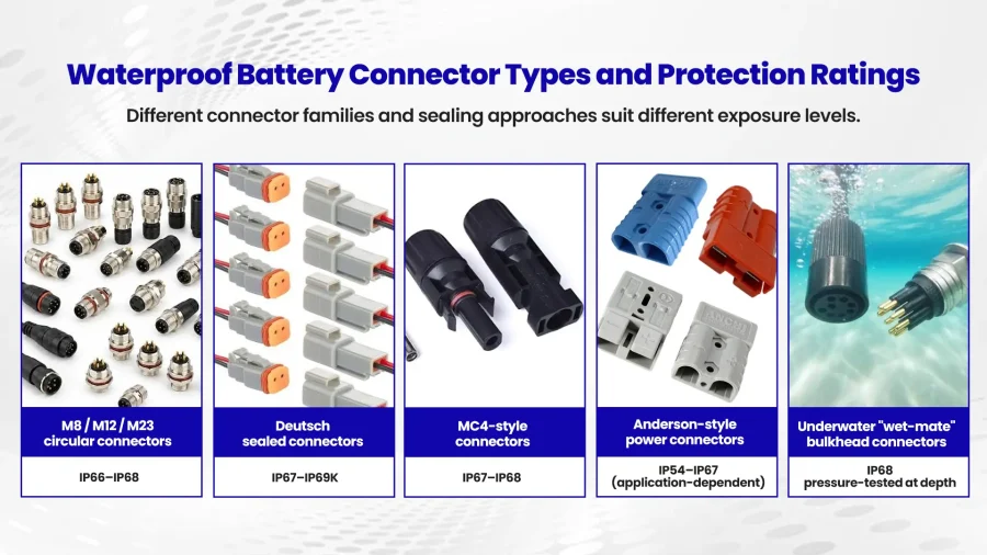 Five waterproof battery connector families for battery packs: M12/M23 circular, Deutsch, MC4, Anderson, and underwater wet-mate bulkhead.