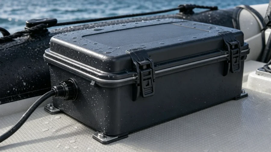 Waterproof battery enclosure with a gasketed housing and sealed cable penetrations