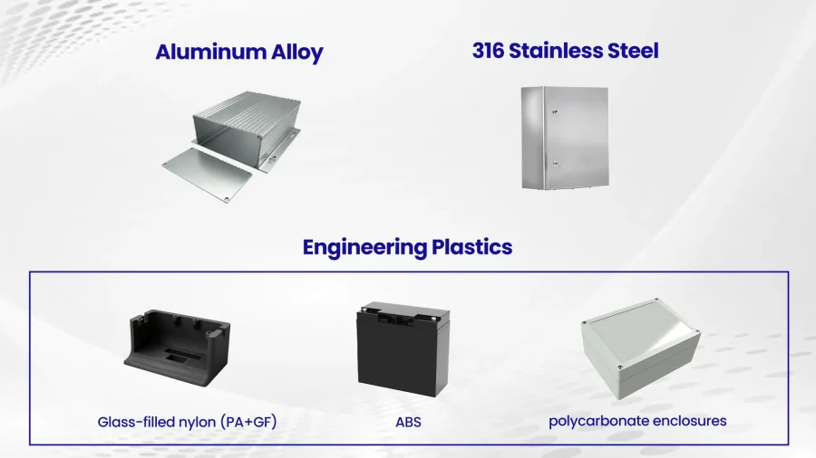 Aluminum, 316 stainless steel, and engineering plastic materials for waterproof battery enclosures