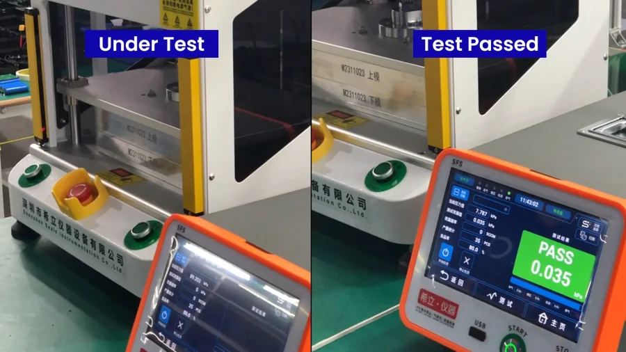 CMB pressure decay leak test fixture showing under-test and pass-result stages for waterproof battery pack seal integrity