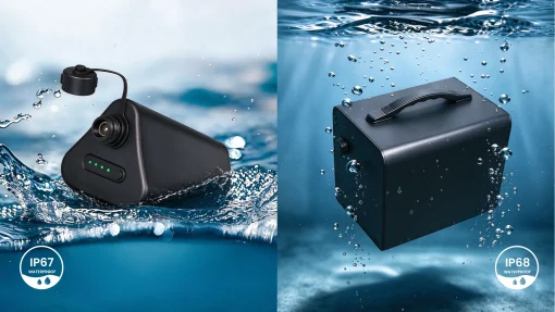 Illustration comparing IP67 and IP68 battery packs for waterproof battery pack testing and validation