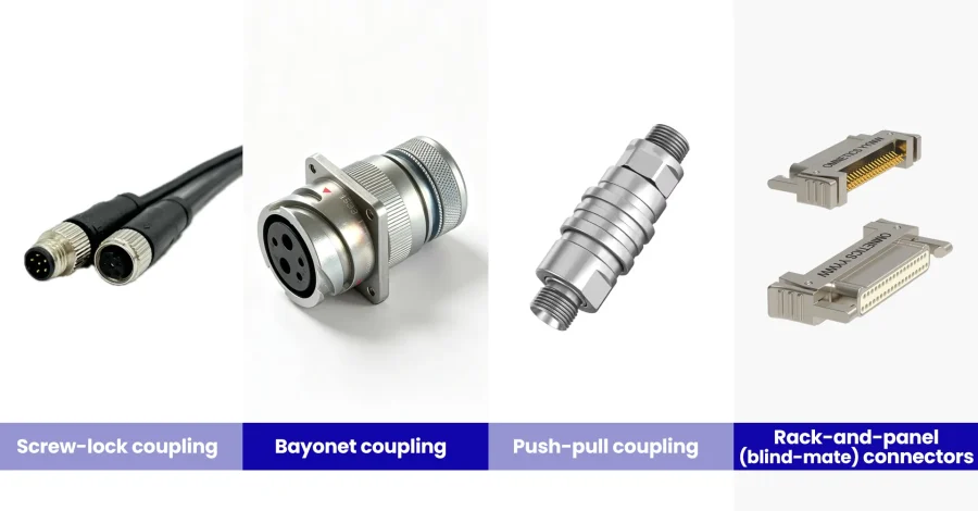 Four waterproof connector locking mechanisms compared: screw-lock, bayonet, push-pull, and rack-and-panel blind-mate